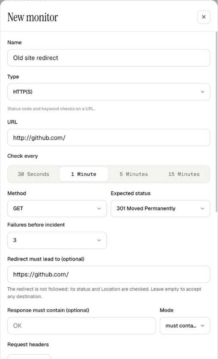 The New monitor form in OpenUptime: HTTP(S) type, URL http://github.com/, expected status 301 Moved Permanently, and the field Redirect must lead to filled with https://github.com/